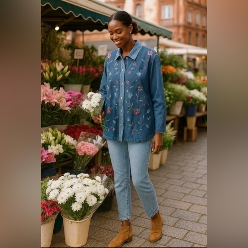 Vintage Embroidered Bobby Brooks Denim Pewter Button  Front Jacket/Top w/pockets